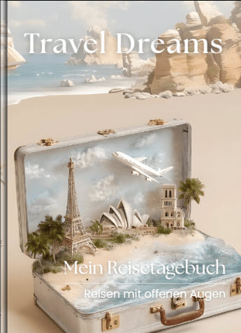 Cover des Reisetagebuchs „Travel Dreams – Mein Reisetagebuch“ Cover eines Reisetagebuchs mit offenem Vintage-Koffer am Strand. Im Koffer sind Miniaturansichten weltbekannter Sehenswürdigkeiten zu sehen – darunter der Eiffelturm, die Oper von Sydney und eine Kirche. Im Hintergrund Strand, Meer und Felsen.