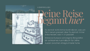 Koffer auf der Veranda – „Deine Reise beginnt hier“ Aufeinander gestapelte Vintage-Koffer auf einer hellen Veranda, zeichnerisch gestaltet als Symbol für Reisefreude und Aufbruch.