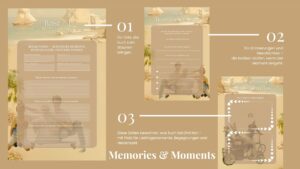 Memories & Moments Drei liebevoll gestaltete Tagebuchseiten mit Fokus auf besondere Reiseerlebnisse, Herzensmomente und gemeinsame Erinnerungsfotos. Im Hintergrund: ein Rollstuhlfahrer mit Begleitperson auf einem Tandem, Kinder mit Down-Syndrom beim Lächeln und Staunen.