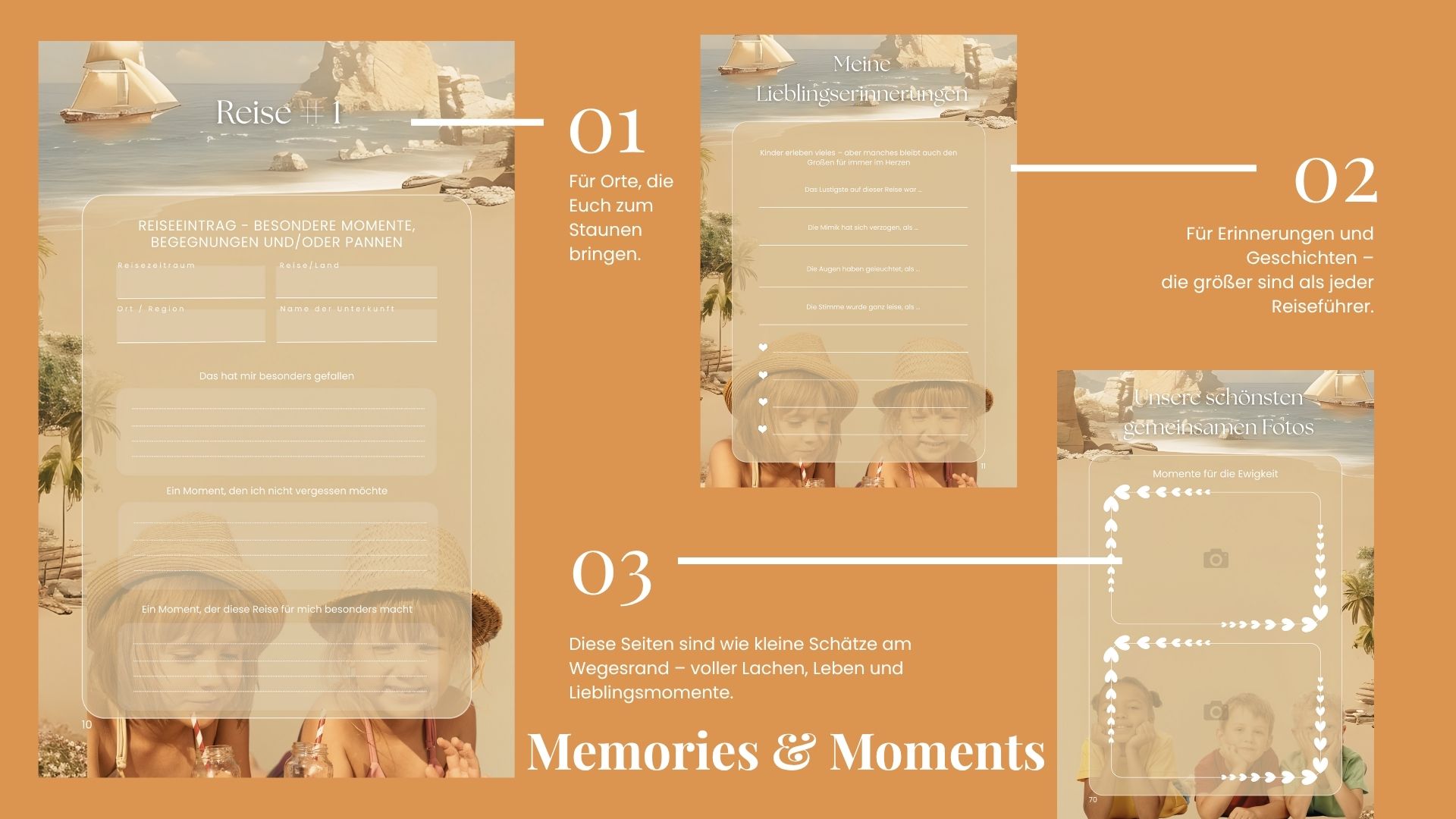 Drei Beispielseiten aus dem Reisetagebuch zeigen Einträge zu Reiseerinnerungen, Lieblingsmomenten und Fotos. Rechts befindet sich ein orangefarbener Textblock mit der Überschrift „Memories & Moments“ und einer poetischen Beschreibung.