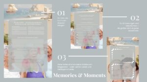 Memories & Moments – Reisen mit Senioren Drei Beispielseiten aus dem Reisetagebuch für Senior*innen zeigen Felder für Erinnerungen, besondere Momente und Fotos. Im Hintergrund lächeln ältere Frauen in verschiedenen Alltagsszenen. Der rechte Textblock trägt die Überschrift „Memories & Moments“ mit einer poetischen Beschreibung.