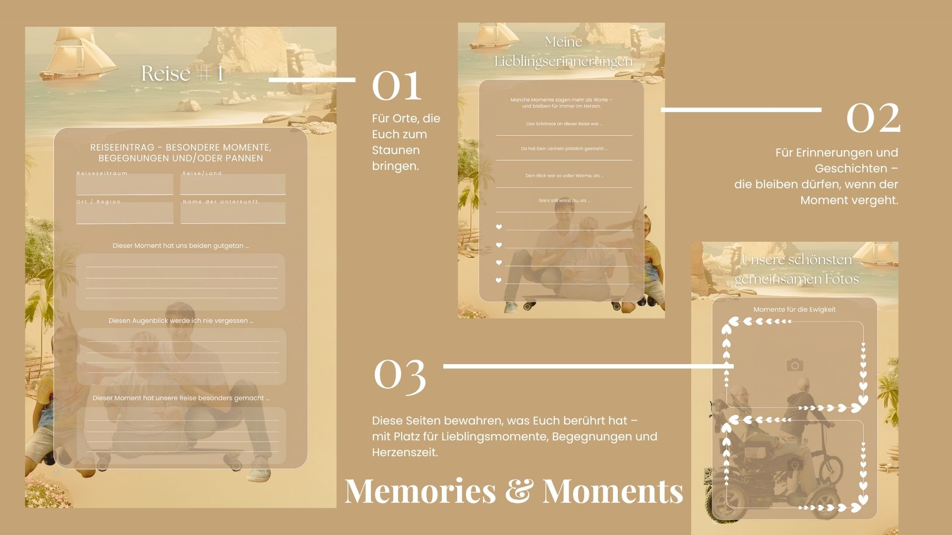 Drei liebevoll gestaltete Tagebuchseiten mit Fokus auf besondere Reiseerlebnisse, Herzensmomente und gemeinsame Erinnerungsfotos. Im Hintergrund: ein Rollstuhlfahrer mit Begleitperson auf einem Tandem, Kinder mit Down-Syndrom beim Lächeln und Staunen.