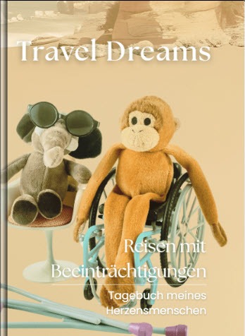 Reisen mit Beeinträchtigungen – Coverbild Ein Affe im Rollstuhl und ein Elefant mit Sonnenbrille sitzen vor Strandkulisse. Symbolisches Cover für barrierefreies Reisen mit Humor und Herz.