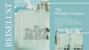 Links eine transparente Bucketlist mit Abenteuern wie „Am Strand buddeln“ und „Sterne zählen“, hinterlegt mit einem Strandbild und den sechs Sonnenbrillen-Hunden. Rechts ein Infotext zu Reiseideen mit Hund, darunter Miniaturen zweier Checklisten.