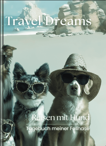 Reisen mit Hund – Cover Cover des Buches „Travel Dreams – Reisen mit Hund | Tagebuch meiner Fellnase“ mit zwei Hunden in Sonnenbrillen und Strohhut am Strand. Der Hintergrund zeigt eine märchenhafte Küstenlandschaft mit Felsen und Meer.