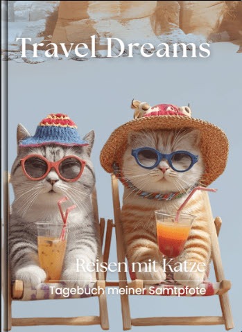 Reisen mit Katze – Coverbild Zwei Katzen mit Sonnenhüten und Sonnenbrillen sitzen entspannt in Liegestühlen am Strand. Vor ihnen stehen bunte Cocktailgläser. Der Titel „Travel Dreams – Reisen mit Katze“ ist über dem Motiv platziert.