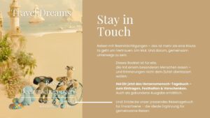 Stay in Touch Abschlusseite des Reisetagebuchs „Reisen mit Beeinträchtigungen“: Plüschtiere auf hellem Sandhintergrund, darunter eine Giraffe im Rollstuhl und ein Elefant mit Sonnenbrille. Daneben ein ruhiger Text über Vertrauen, Mut und gemeinsames Reisen.