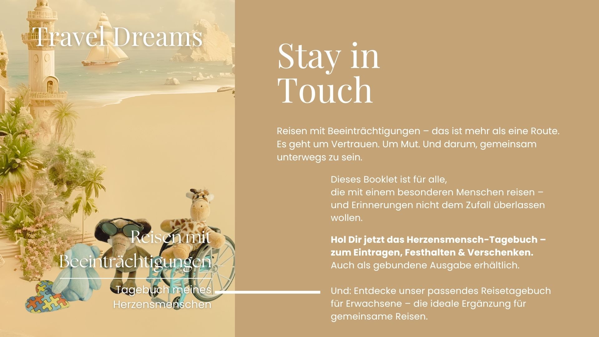 Abschlusseite des Reisetagebuchs „Reisen mit Beeinträchtigungen“: Plüschtiere auf hellem Sandhintergrund, darunter eine Giraffe im Rollstuhl und ein Elefant mit Sonnenbrille. Daneben ein ruhiger Text über Vertrauen, Mut und gemeinsames Reisen.