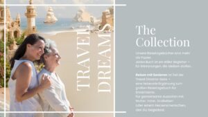 The Collection – Reisen mit Senioren Zwei Frauen – eine jüngere und eine ältere – stehen eng nebeneinander, lächeln und blicken gemeinsam in die Ferne. Links im Bild ragt eine märchenhafte Kulisse mit Palasttürmen und Palmen auf, rechts steht der Text „The Collection“ mit einer Beschreibung zur Reisetagebuch-Serie für Senioren.