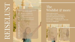 The Wishlist & more Ein junges Mädchen mit Down-Syndrom lächelt strahlend in die Kamera, umgeben von einer märchenhaften Sandwelt mit Palästen und Meer. Daneben eine Wunschliste voller kleiner, großer Träume.
