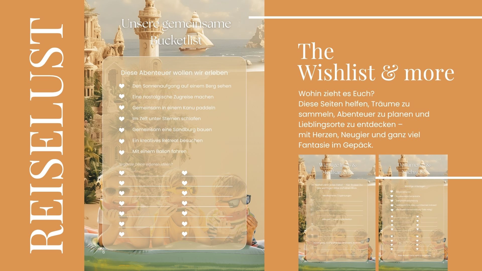 Drei Kinder mit Sonnenbrillen essen Wassermelone auf einer Luftmatratze vor einer märchenhaften Kulisse mit Sandpalast, Leuchtturm und Palmen. Links ist eine Bucketlist mit kleinen Abenteuern zu sehen, rechts steht der Text „The Wishlist & more“ mit einer poetischen Beschreibung.