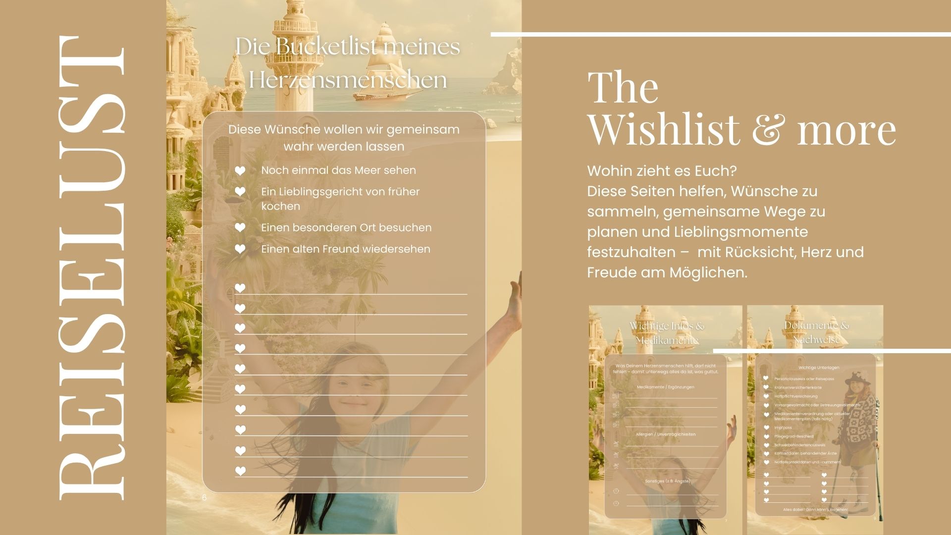 Ein junges Mädchen mit Down-Syndrom lächelt strahlend in die Kamera, umgeben von einer märchenhaften Sandwelt mit Palästen und Meer. Daneben eine Wunschliste voller kleiner, großer Träume.