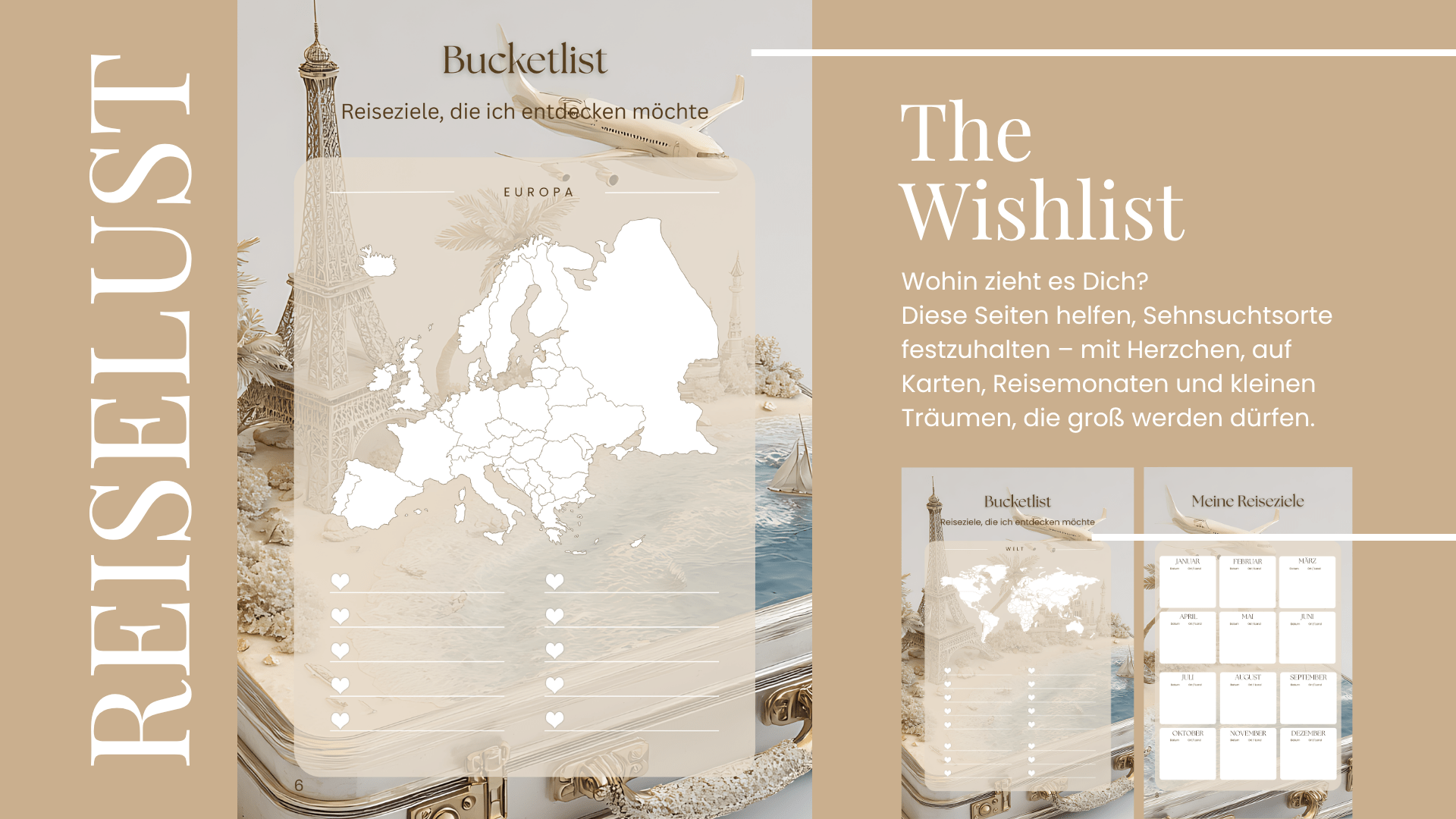 Bucketlist-Seite mit Europakarte im Reisekoffer, umgeben von Miniatur-Highlights wie Eiffelturm, Palmen und Meer. Rechts daneben ein Textbereich mit „The Wishlist“ und Beschreibung zur Traumziel-Planung.