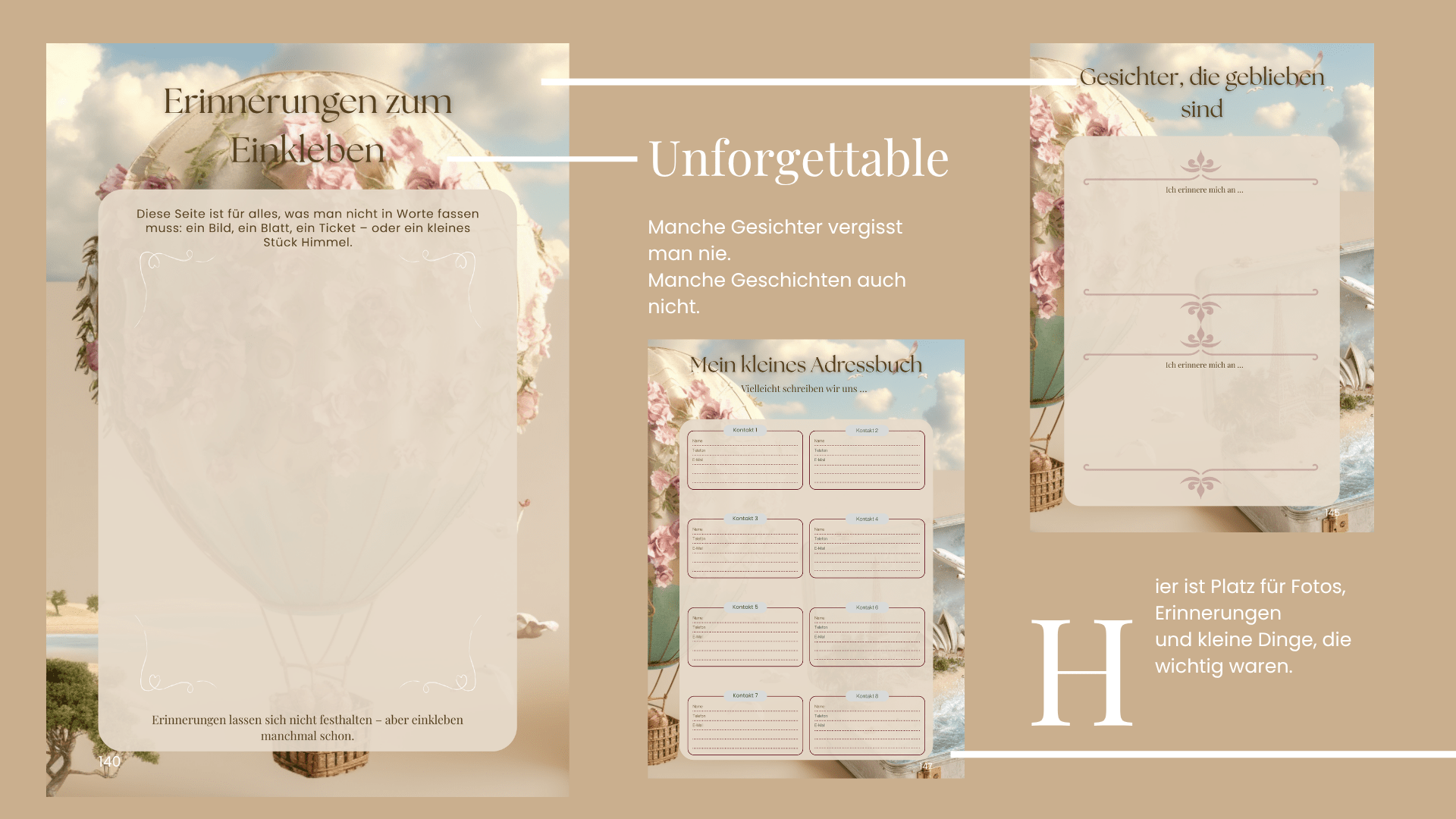 Drei sanft gestaltete Seiten aus dem Travel Dreams Tagebuch: Erinnerungsseite zum Einkleben, ein Kontakt-Adressbuch und eine Seite für Menschen, an die man sich erinnert – eingebettet in einen poetischen Hintergrund mit Heißluftballon und pastelligen Blüten.