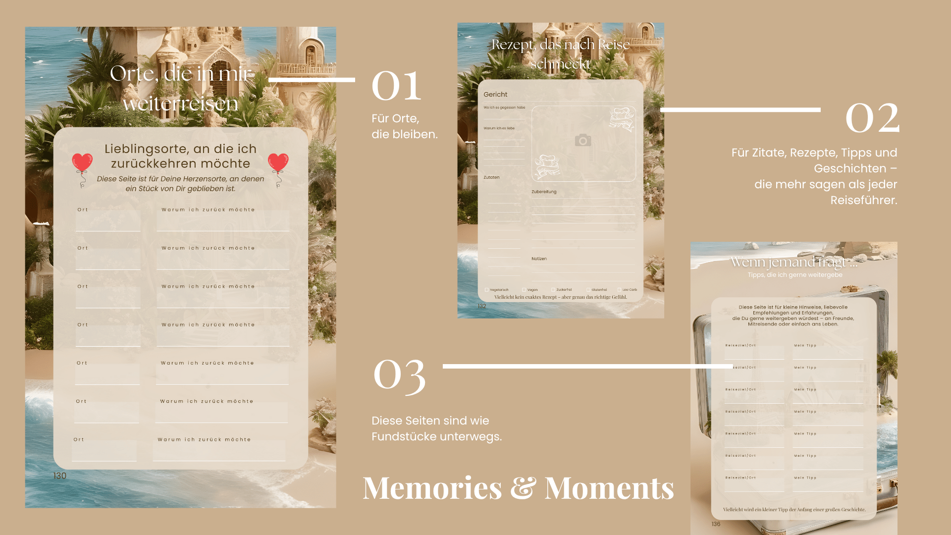 Drei liebevoll gestaltete Tagebuchseiten aus dem Travel Dreams Journal: Lieblingsorte, Reise-Rezepte und persönliche Tipps zum Weitergeben. Beige Hintergründe mit verspieltem Layout und Küstenmotiven im Hintergrund.