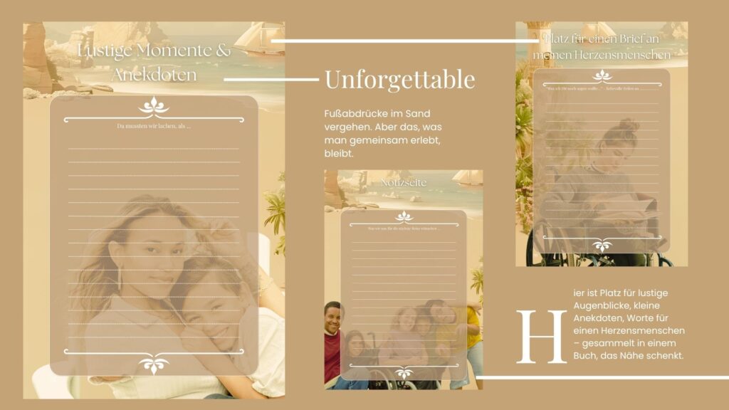 Vier gestaltete Tagebuchseiten aus dem Reisetagebuch „Reisen mit Beeinträchtigungen“, darunter Platz für Anekdoten, Wünsche und persönliche Botschaften. In den Bildern: junge Menschen mit sichtbaren Beeinträchtigungen, mit Rollstuhl oder Begleitung.