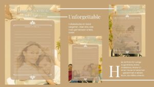 Unforgettable Vier gestaltete Tagebuchseiten aus dem Reisetagebuch „Reisen mit Beeinträchtigungen“, darunter Platz für Anekdoten, Wünsche und persönliche Botschaften. In den Bildern: junge Menschen mit sichtbaren Beeinträchtigungen, mit Rollstuhl oder Begleitung.