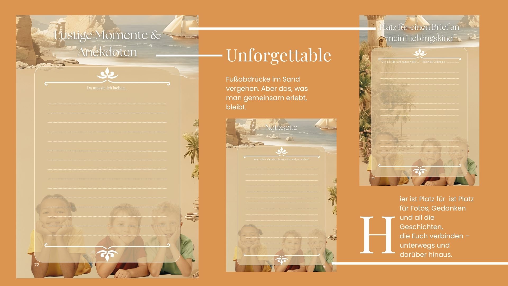 Vier gestaltete Tagebuchseiten zeigen Platz für Anekdoten, Gedanken, persönliche Briefe und Notizen. Im Hintergrund sind fröhliche Kinderporträts vor einer Strandkulisse zu sehen. Rechts steht der Titel „Unforgettable“ mit einem begleitenden poetischen Text.