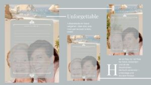 Unforgettable – Reisen mit Senioren Mehrere Seiten des Reisetagebuchs zeigen Platz für Anekdoten, Briefe, Gedanken und Wünsche. Im Hintergrund sind zwei Frauen zu sehen – eine ältere und eine jüngere –, die sich liebevoll aneinander lehnen. Rechts steht der Titel „Unforgettable“ mit einem poetischen Text.
