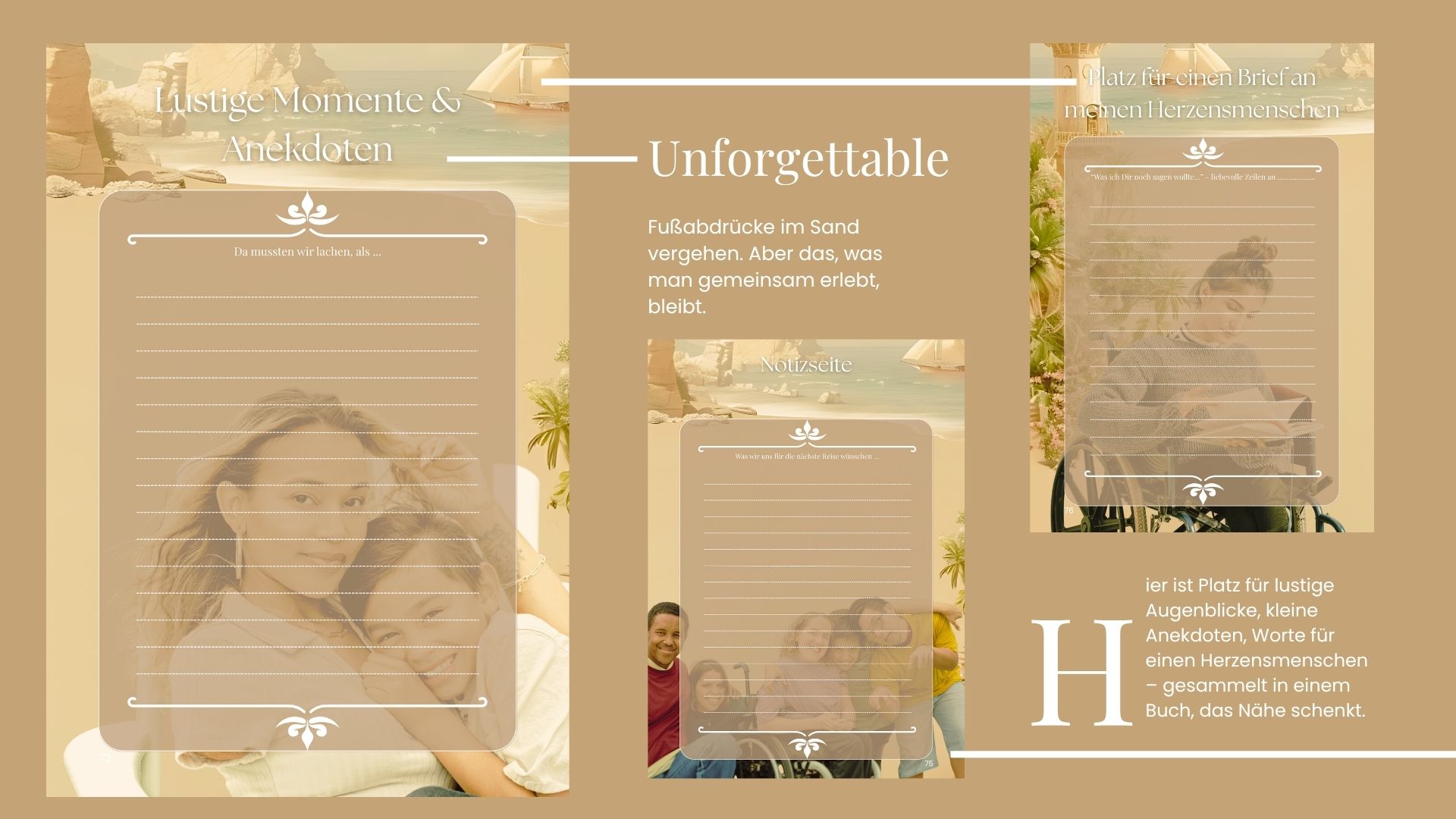 Vier gestaltete Tagebuchseiten aus dem Reisetagebuch „Reisen mit Beeinträchtigungen“, darunter Platz für Anekdoten, Wünsche und persönliche Botschaften. In den Bildern: junge Menschen mit sichtbaren Beeinträchtigungen, mit Rollstuhl oder Begleitung.