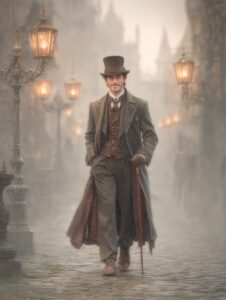Inszenierte Szene mit elegantem Gentleman in nebliger Straße mit Zylinder.