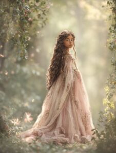 Szene mit Mädchen im Kleid zwischen blühenden Sträuchern, märchenhaft inszeniert.