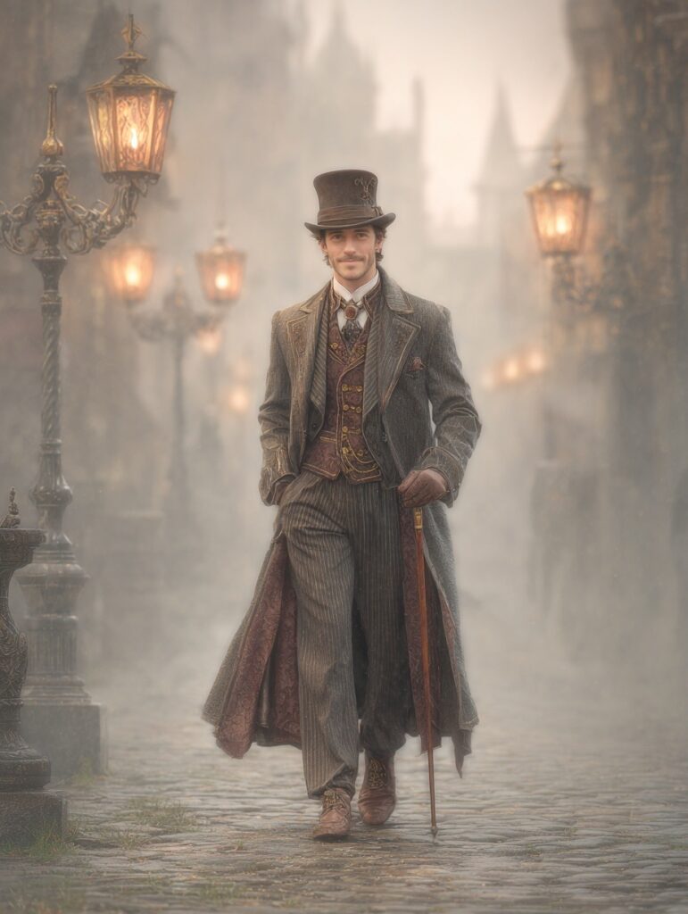 Inszenierte Szene mit elegantem Gentleman in nebliger Straße mit Zylinder.
